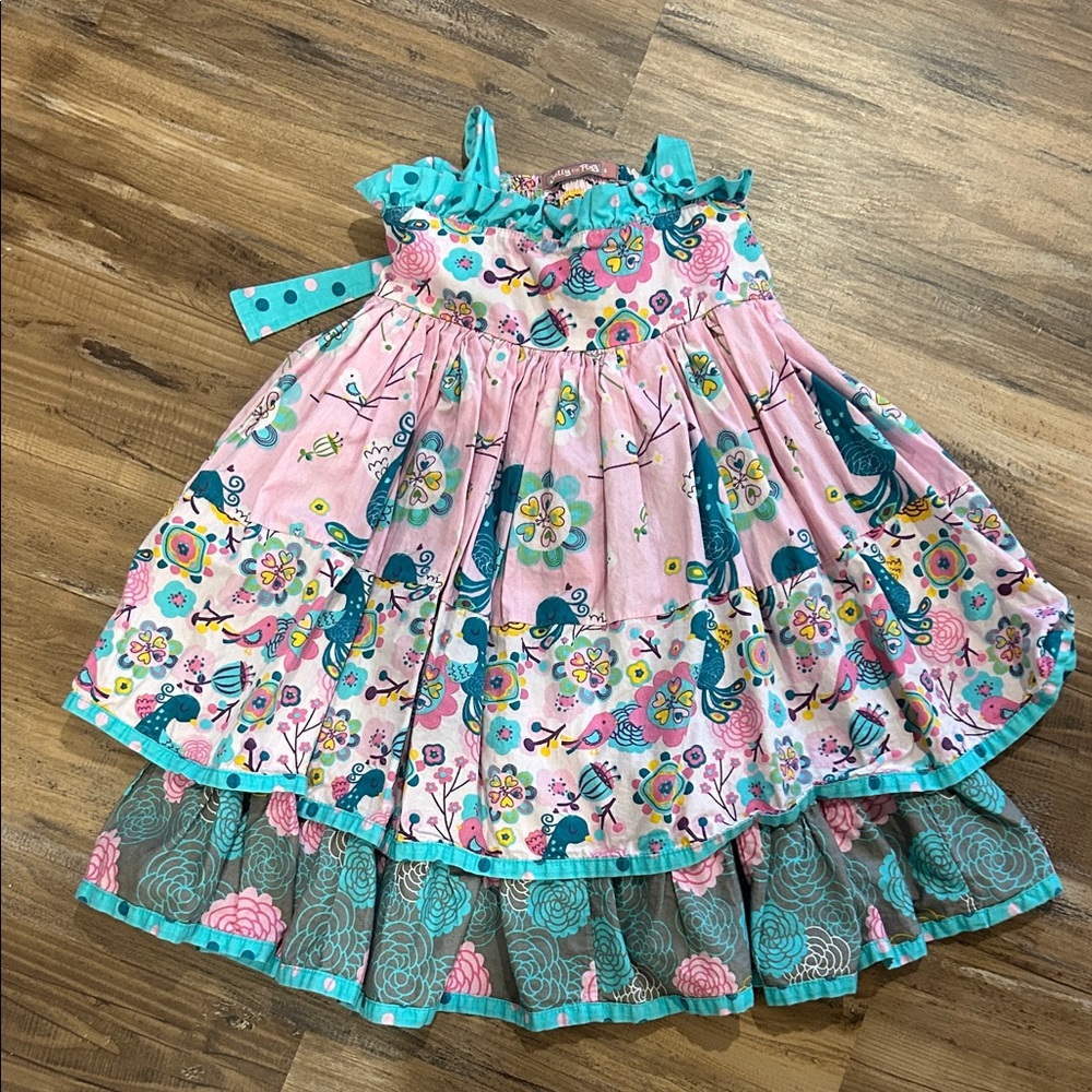 Jelly the Pug Colorful Floral and Bird Print Dress size 4